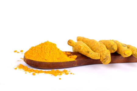 turmeric powder with fresh turmeric root in whiteの写真素材