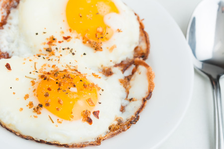 Fried eggs  Simple, delicious, healthy meal on white backgroundの写真素材
