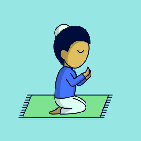 Moslem Little boy praying cartoon illustration flat design vectorのイラスト素材