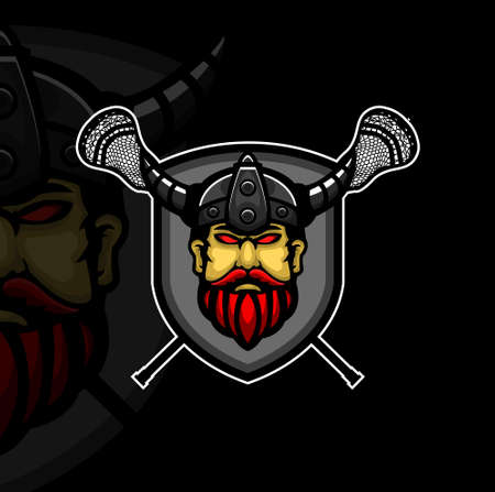 Lacrosse mascot Viking logo design vector with stick lacrosse and shield. Vector illustration with modern concept for badge, emblem, and t-shirtsのイラスト素材
