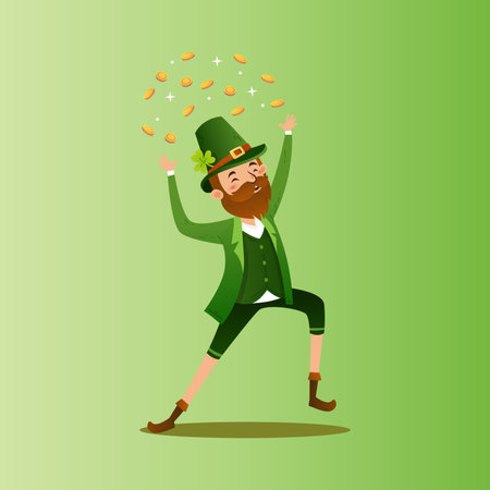 Leprechaun with gold coins in his hands. Vector illustrationのイラスト素材