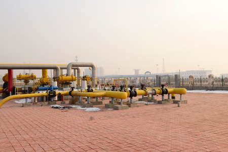 Beautiful oil pipeline under the blue sky, close-upの写真素材