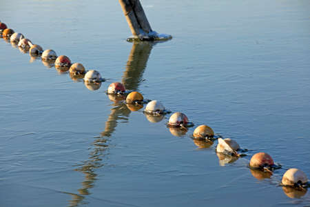 buoys and net floating on the waterの写真素材