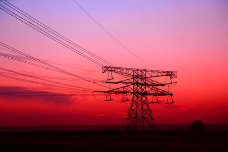 High voltage towers in the evening