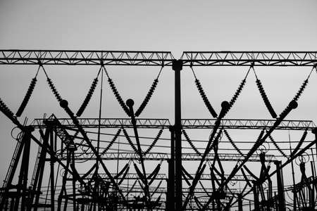 High voltage substation, in the setting sun setting 