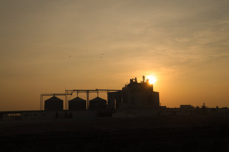 A silhouette of a feed factory in the morningの写真素材