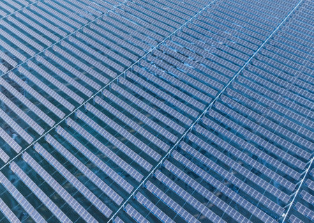 Drones capture large-scale photovoltaic panels on siteの写真素材