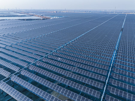 Drones capture large-scale photovoltaic panels on siteの写真素材