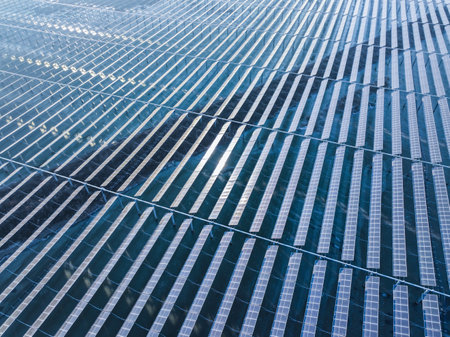 Drones capture large-scale photovoltaic panels on siteの写真素材