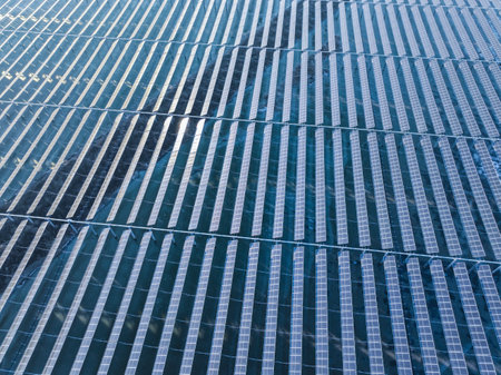 Drones capture large-scale photovoltaic panels on siteの写真素材
