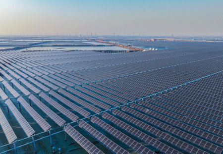 Drones capture large-scale photovoltaic panels on siteの写真素材