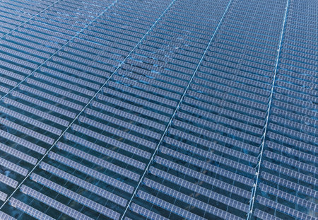 Drones capture large-scale photovoltaic panels on siteの写真素材