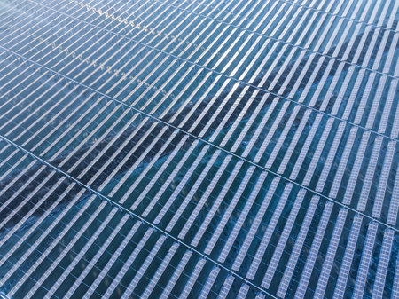 Drones capture large-scale photovoltaic panels on siteの写真素材