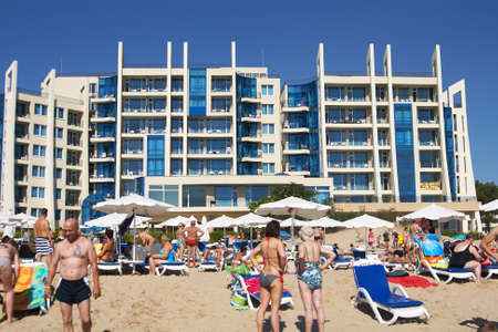 Sunny Beach, Bulgaria - August 06, 2015: View from the sea on the beach sunbathing people and hotel DIT Blue Pearl in the Bulgarian resort of Sunny Beachのeditorial素材