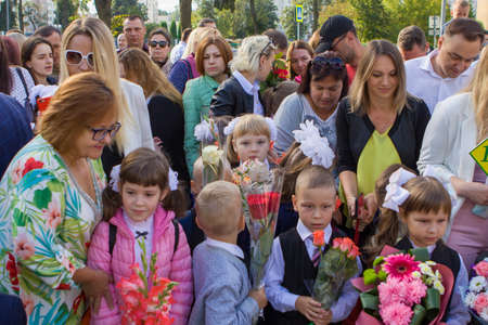 Happy first-graders with their parents on September 1, 2020 in Minsk, Belarus.のeditorial素材