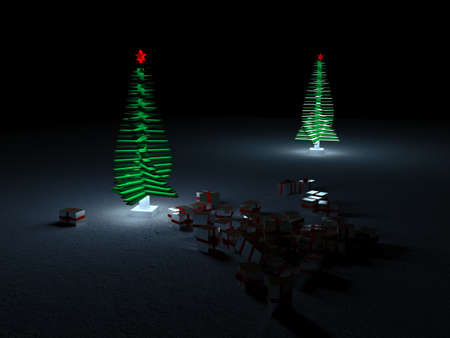 A glowing Christmas tree on a dark background with gold gift boxes scattered around it.の写真素材