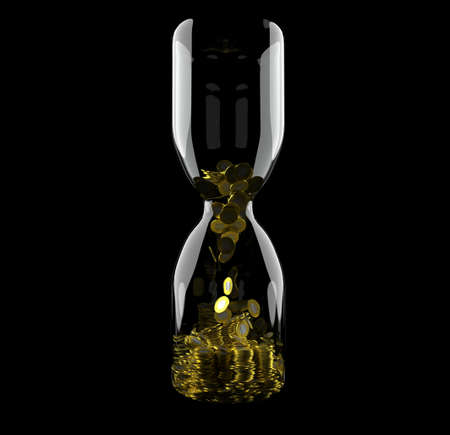 Gold coins in wooden hourglass crumble down. isolated on black.