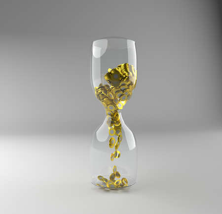 Gold coins in wooden hourglass crumble down. isolated on white.の写真素材