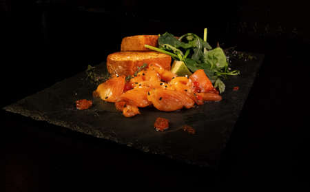 Smoked Salmon with waffles, Healthy breakfast , Served with fresh lemon.の写真素材