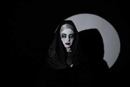 A terrible image of a nun for the holiday Halloweenの写真素材