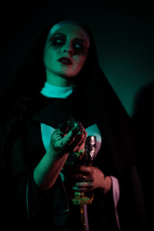 A terrible image of a nun for the holiday Halloweenの写真素材