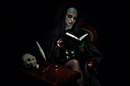 An emotional woman dressed for Halloween as a nun sits on a black background in an armchair with a notebook with a pen.の写真素材