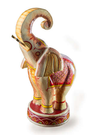Wooden carved elephant isolated on white backgroundの写真素材