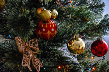 Blank for a New Year and Christmas greeting card with a Christmas tree and toysの写真素材