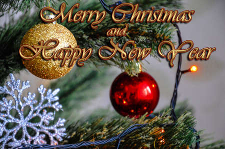 Blank for a New Year and Christmas greeting card with a Christmas tree and toysの写真素材