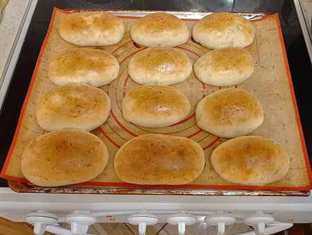 Traditional Russian pies on a silicone mat on a baking sheet.の写真素材