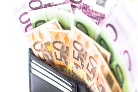 Euro money notes in the wallet isolated on Backgroundの写真素材