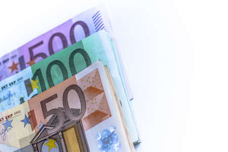 lots of  euro money banknotes  isolated  on white  backgroundの写真素材