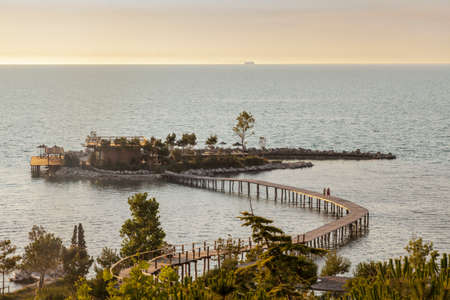 Seascape with small island  at the coast Albania Kavaje Travel Tip  Europeの写真素材