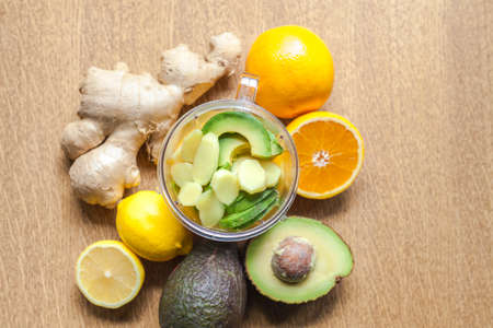 ginger-avocado shot homemade healthy Power- Drink ingredients top viewの写真素材