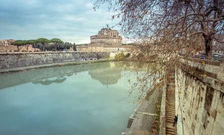 Rome the river Tiber and the castle Sant Angelo in Winter Travel Italy Capital Cityのeditorial素材