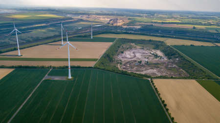 aerial view of wind turbines field and  mine german energy industrial area landscape