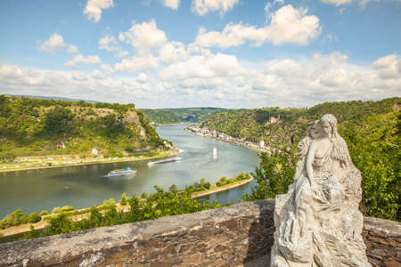 Loreley figure and  Rhine valley Landscape and Sankt Goarshausen view from the Lore Ley rock Germany Intersting Placesのeditorial素材