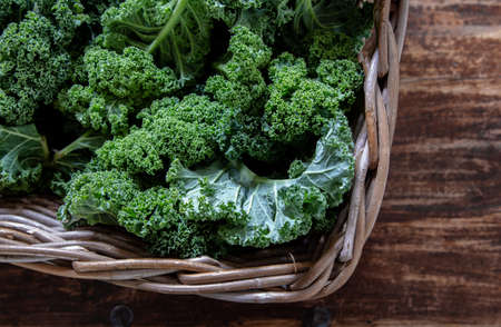 Green kale on wooden table top view on daylightの写真素材