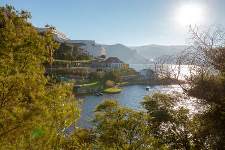 Douro Valley riverside Spa Hotel Royal in the morning mist and bright sunlight Portugal December 2018の写真素材