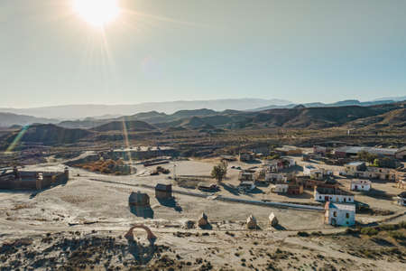 Drone above view of Tabernas Desert Landscape Texas Hollywood Fort Bravo the western style theme park in Almeria Andalusia Spain Europeの写真素材