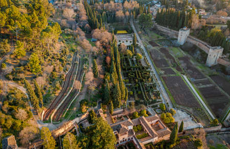 Granada Spain December 2020 Aerial view of the Alhambra Palace in sabikah hill Travel south Europe
