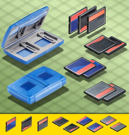 Isometric Photograph - Set of 3 CF Cards and a Blue Card Case  with copy space  on all Cards - All my ISO shots are modular and you can use them mixing together having the same angle of prospective - really good to make composition or place all stuff on aの写真素材