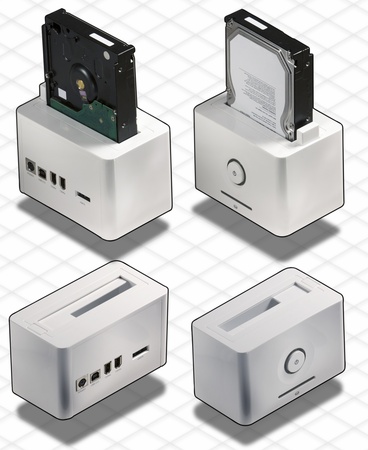 Isometric Photograph - set of External White HardDisk Box Firewire, USB 2.0 and Sata isolated on white with clipping path included - All my ISO shots are modular and you can use them mixing together having the same angle of prospective - really good to maの写真素材