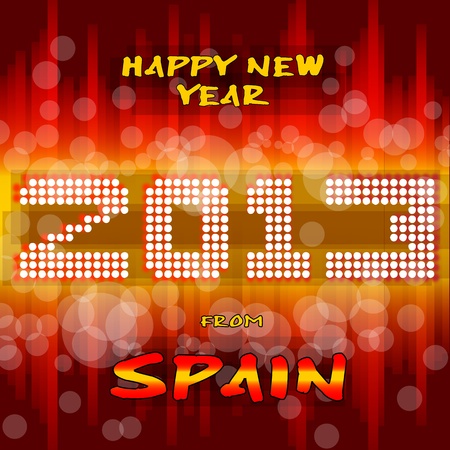 Happy new year s eve with a multicolored background, bright text like little light ball and the colors of the spanish flag, yellow and red  Spain のイラスト素材