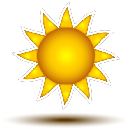 Deep Yellow Sun Button Concept   Sun Icon on white background, concept button full sized perfect for weather websitesのイラスト素材