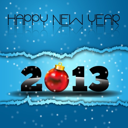 Happy New Year 2013 with Red Christmas Ball  Happy new year s eve with snow and red Xmas Ball on a torn paperのイラスト素材
