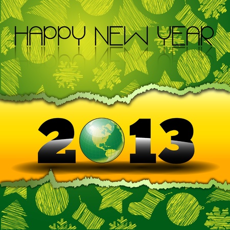 Happy New Year 2013 with green World Globe  Happy new year s eve with snow and Green world Globe on a yellow torn paper with christmas iconsのイラスト素材