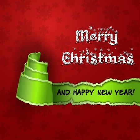 Red card with  Christmas Tree made of torn paper  Merry Christmas and Happy new year red card with green torn paper with the form of a treeのイラスト素材