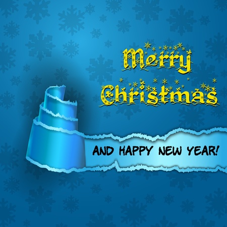 Blue card with  Christmas Tree made of torn paper  Merry Christmas and Happy new year blue card with cyan torn paper with the form of a treeのイラスト素材