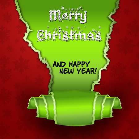 Red card with  Christmas Tree made of torn paper  Merry Christmas and Happy new year red card with green torn paper with the form of a treeのイラスト素材